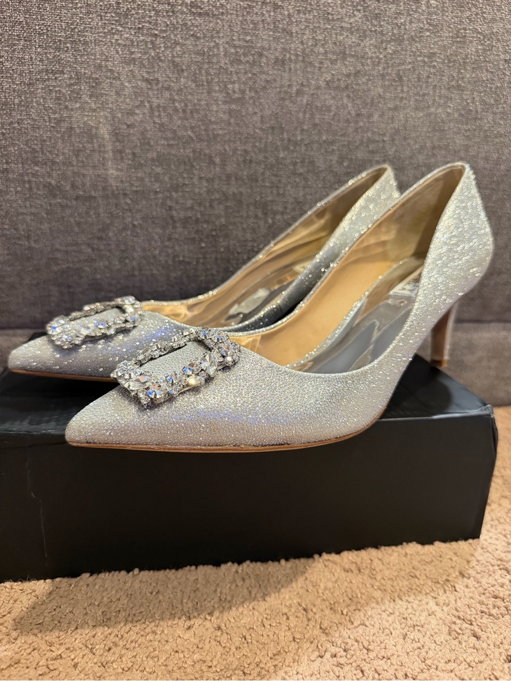 Badgley Mischka Silver Crystal Buckle Pointed-Toe Pumps